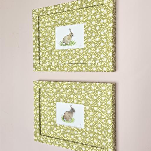 Pair of Watercolours, Rabbits in Grass in Wrapped Starburst Frames