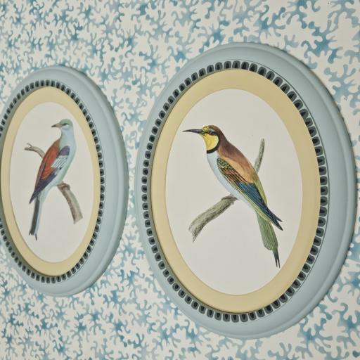 Pair of Antique Bird Prints in Oval Handpainted Frames (Green Blue)