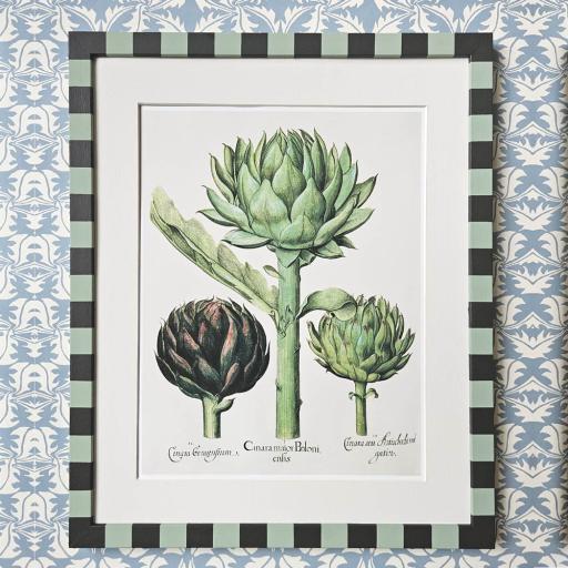 Artichoke print in handpainted, striped frame
