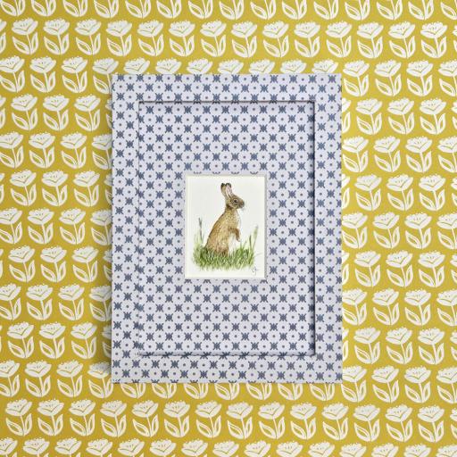 Watercolour of Rabbit in Wrapped Frame in Blue Trellis