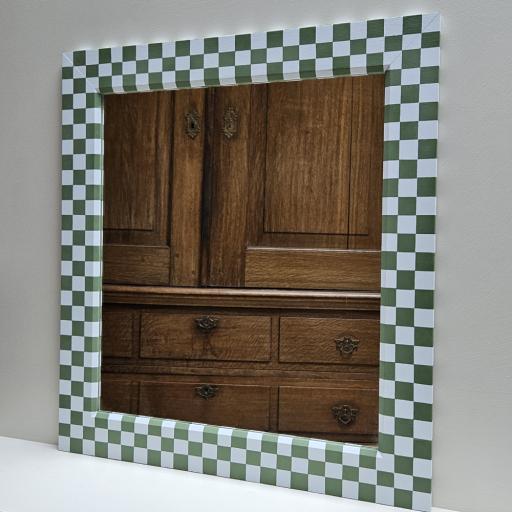 Handpainted Checkered Mirror in Green & Sky Blue   40% OFF
