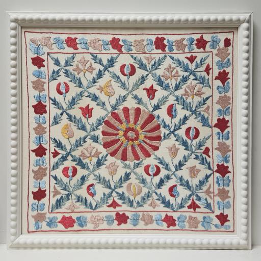 Vintage 1990s Hand Embroidered Calico Cotton Fabric Panel in Bobbin Frame