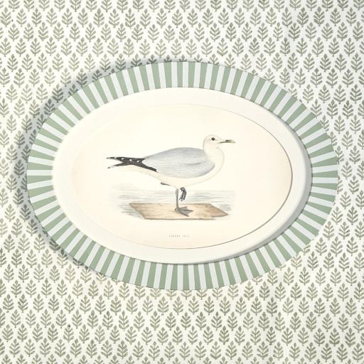 Antique Bird Print in Oval, Striped Handpainted Frame